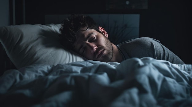 Depressed man lying in bed can't sleep late at morning with insomnia