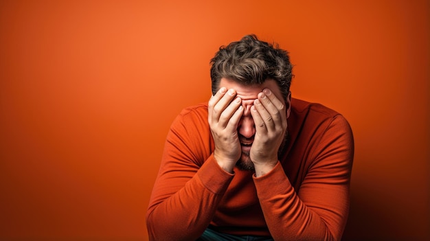 Depressed man on red background