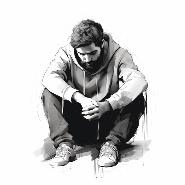 Depressed man sitting sketch art white background