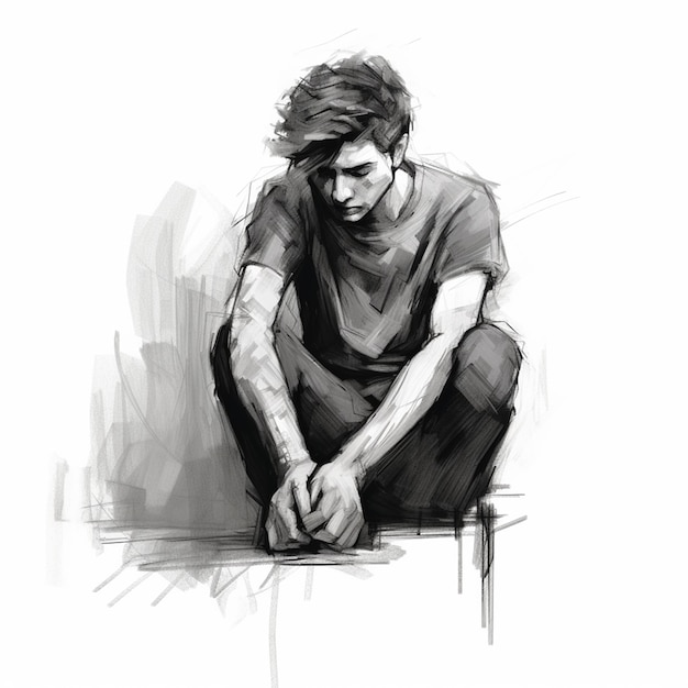 우울한 남자 앉아 스케치 아트 흰색 배경