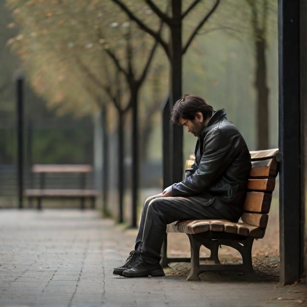 Photo depressed person sitting alone on a bench ai generative