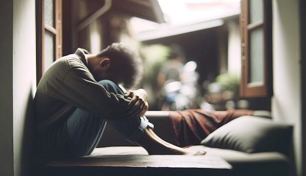 Photo a depressed person with head resting on their knees sitting on a couch or bed in a blurred setting