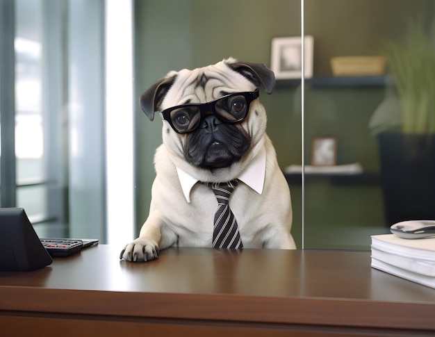 Depressed pug dog working in office Concept of officer chairman chief or boss AI generated image