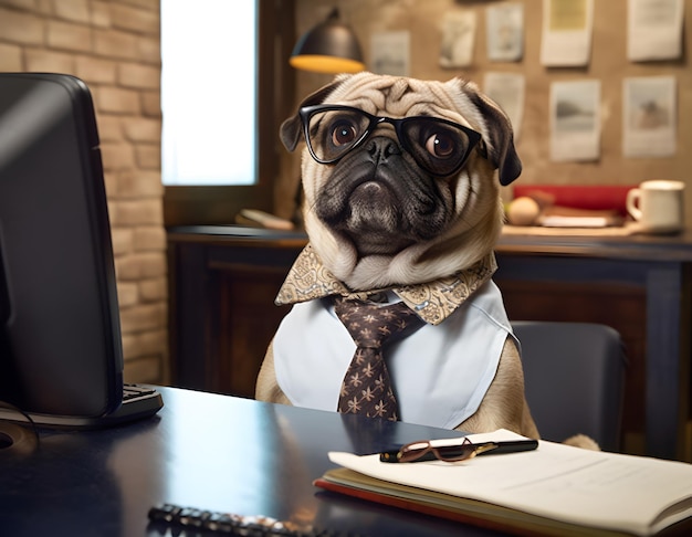 Photo depressed pug dog working in office concept of officer chairman chief or boss ai generated image