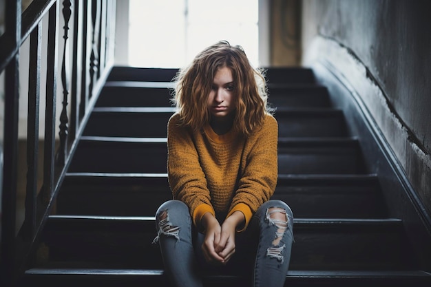 Photo depressed and sad teenage girl sitting on the stairs