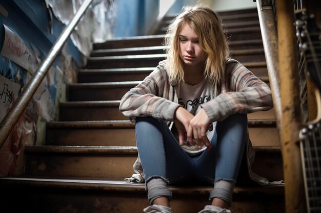 depressed and sad teenage girl sitting on the stairs