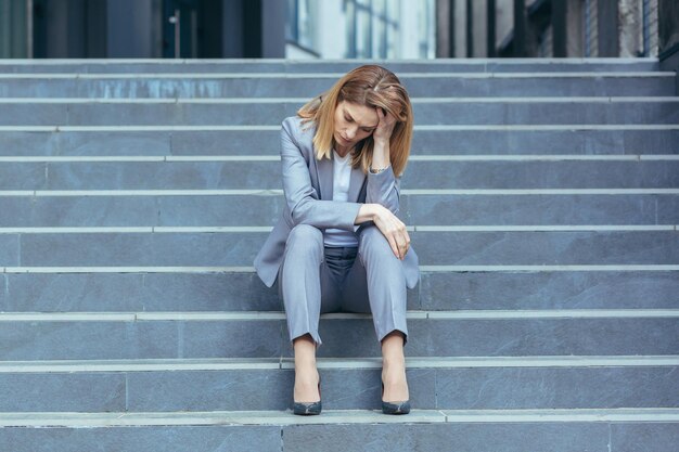 Depressed sad woman sitting on the stairs of a business building businesswoman in business clothes tired