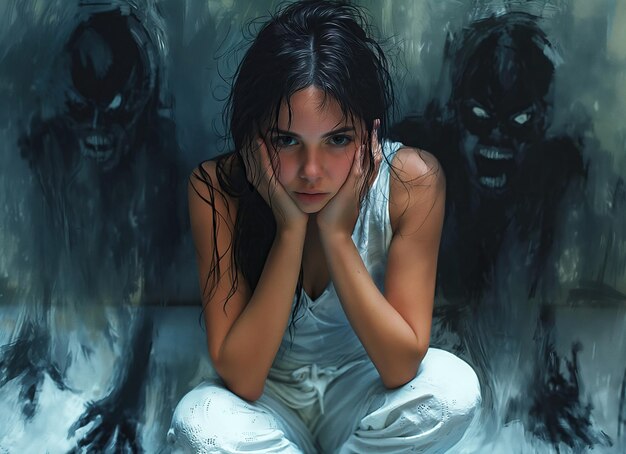 Photo depressed schizophrenic victim of violence young girl with mental disorders and hallucinations sits on floor against wall with silhouettes of evil ghosts