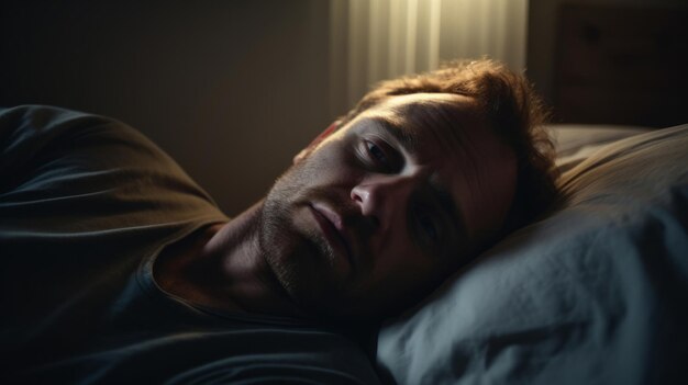 Депрессивный спящий мужчина в постели дома, концепция осведомленности о психическом здоровье