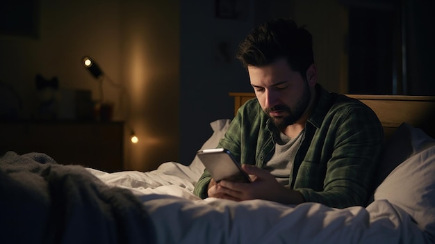 Depressed sleepy middle east young man People using a smartphone on social media internet