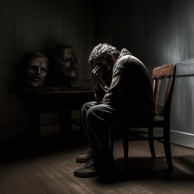 A depressed and tearful man sit on chair