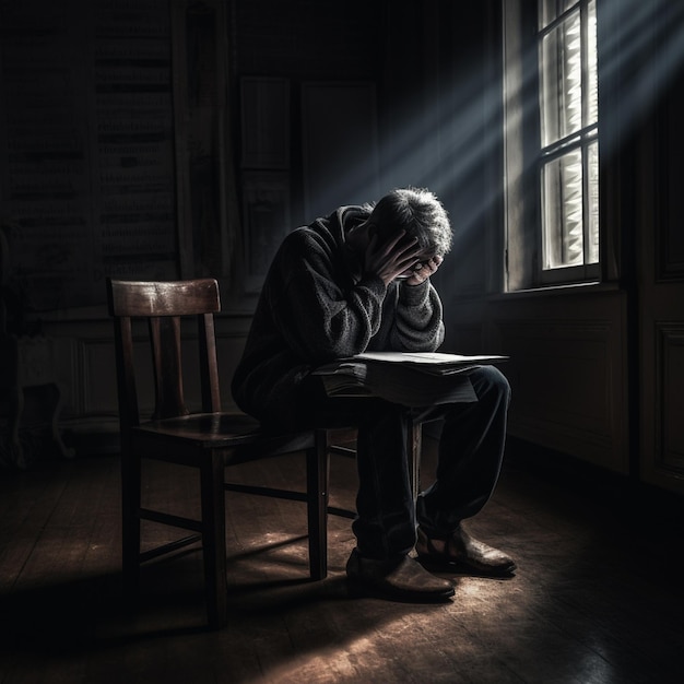 A depressed and tearful man sit on chair