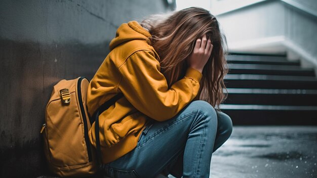 A depressed teenage girl sitting in school corridor and crying Generative AI