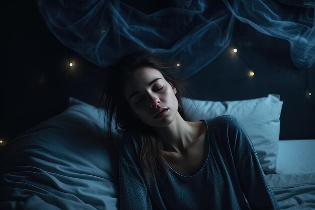 Photo depressed woman awake in the night she is touching her forehead and suffering from insomnia