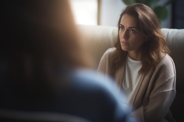 Photo depressed woman girl talking on appointment with experienced psychologist psychology female
