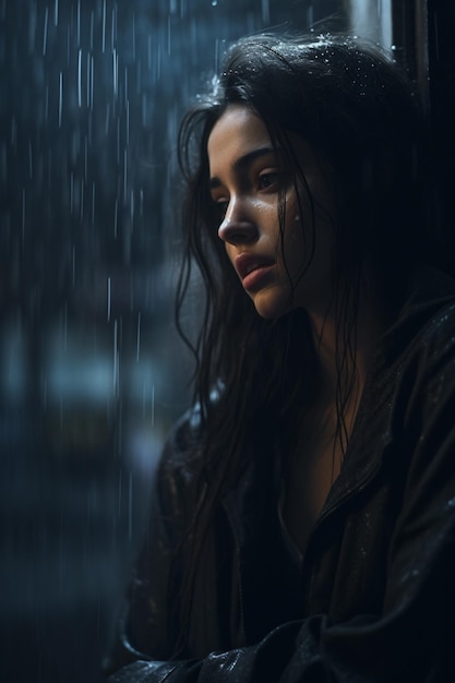 Photo depressed woman looking at the rain