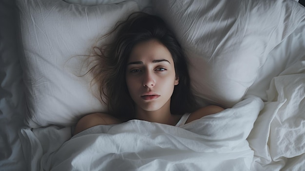 Depressed woman lying in bed can't sleep late at morning with insomnia