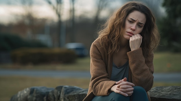 Depressed woman sits outside in overcast weather