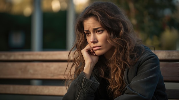 Depressed woman sits outside in overcast weather