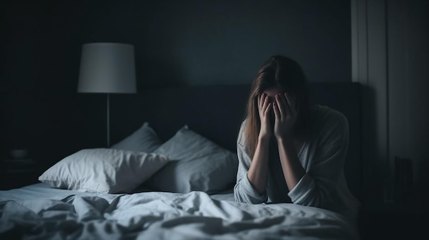 Depressed woman sitting on the bed Generative Ai