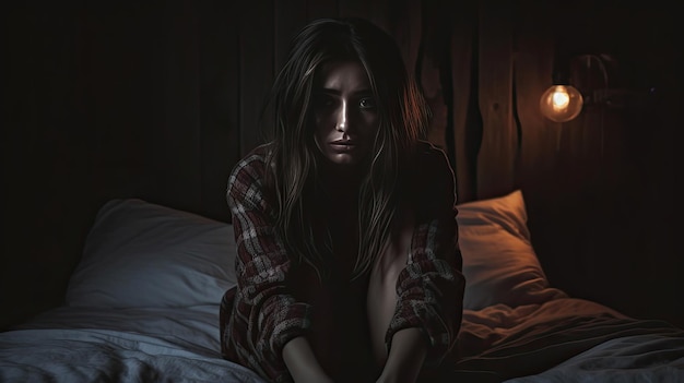 Депрессивная женщина сидит головой в руках на кровати в темной спальне одинокая и несчастная концепция генеративная Ай