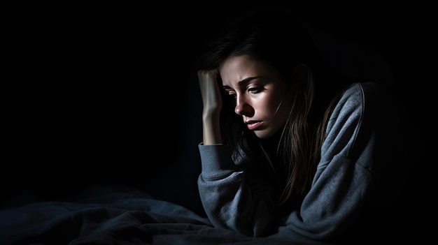 Depressed woman sitting head in hands on the bed in the dark bedroom lonely and unhappy concept Generative Ai