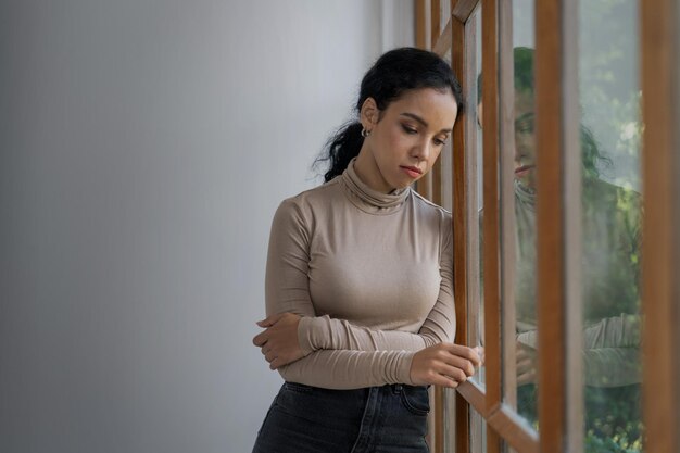 Photo depressed young black woman with mental health problem need crucial treatment