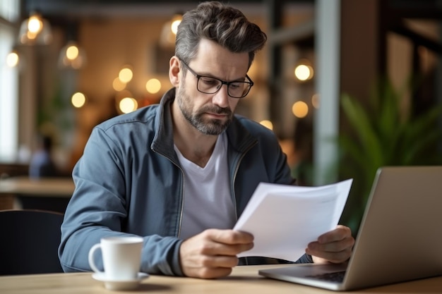 The depressed young Caucasian man sitting at home office desk on laptop reading documents Millennial men get distracted from computer work Consider posting paperwork or news correspondents