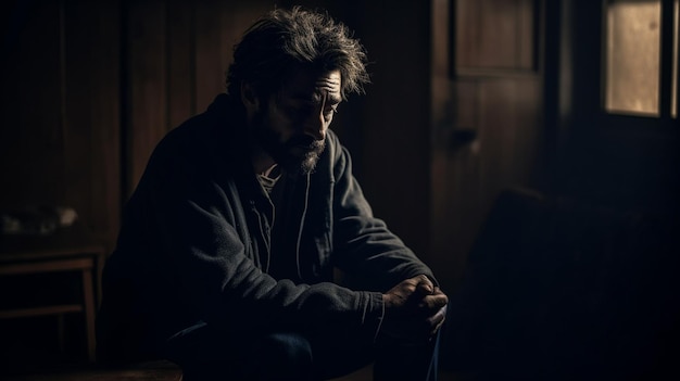 Depressed young man sitting at the table in a dark room