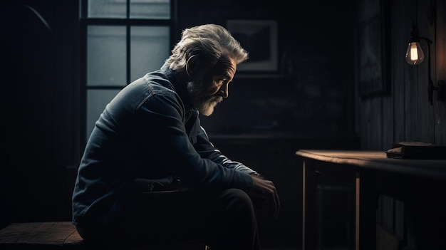 Depressed young man sitting at the table in a dark room