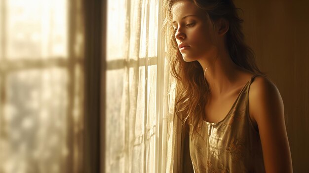 Depressed young woman near window at home closeup Generative AI