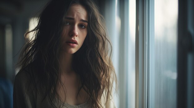 Depressed young woman near window at home closeup