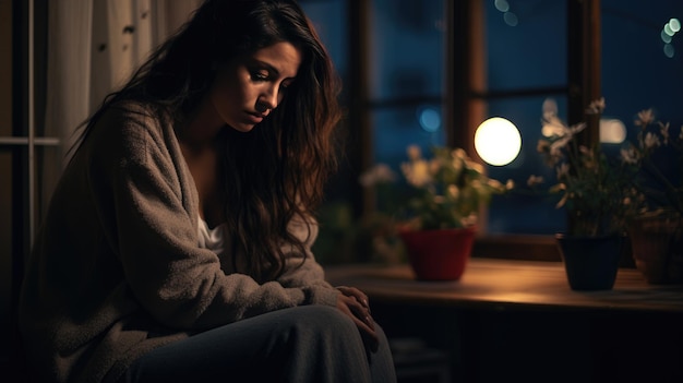 Depressed young woman near window at home closeup