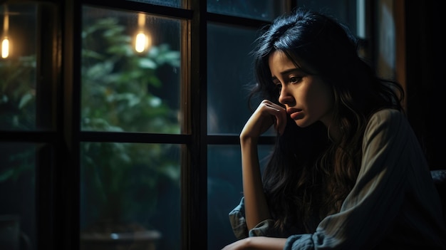 Photo depressed young woman near window at home closeup
