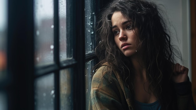 Depressed young woman near window at home closeup