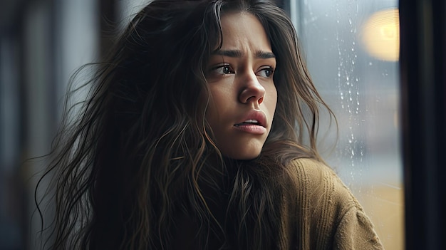 A depressed young woman sits near the window of a house a feeling of sadness or contemplation is reflected on her face as she looks out into the street