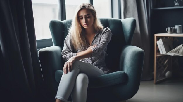 Depressed young woman sitting in chair at home