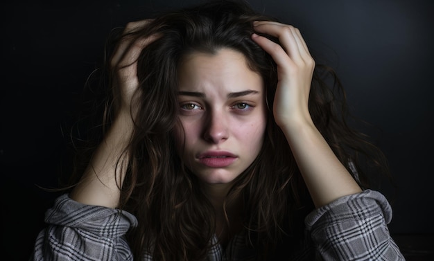 Depressed young woman sitting on a sofa in the living room at home