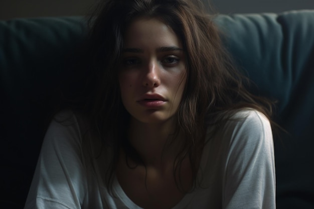 Depressed young woman sitting on sofa at night