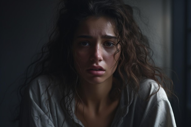 Depressed young woman sitting on sofa at night