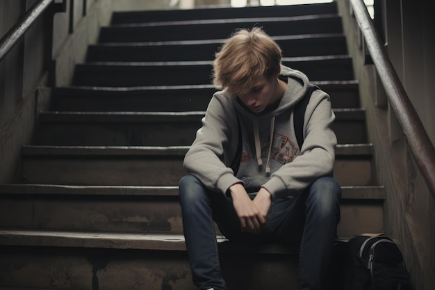 Foto depressie bij tieners treurige eenzame tiener die op de trap zit
