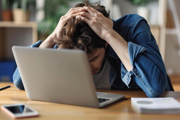 Depressieve jonge man zit aan zijn bureau en bedekt zijn hoofd met een laptop