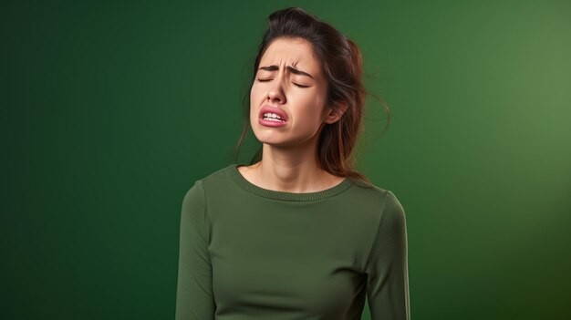 Depressieve jonge vrouw huilt op groene achtergrond