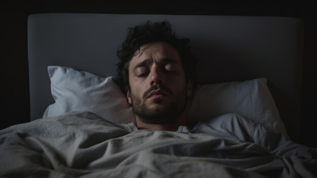 Depressieve slapende man in bed thuis concept voor bewustzijn van de geestelijke gezondheid