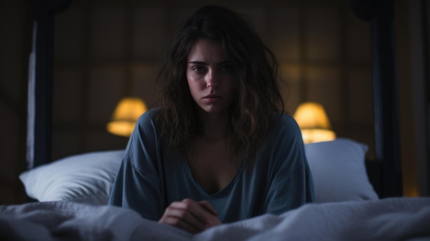 Depressieve vrouw die in bed ligt, kan 's morgens laat niet slapen met slapeloosheid