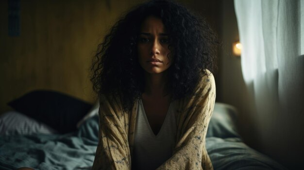 Depressieve vrouw in een donkere slaapkamer thuis concept voor bewustzijn van de geestelijke gezondheid