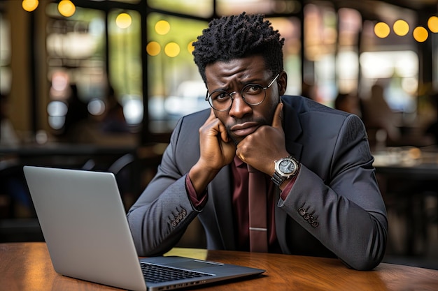 Depressieve zwarte afro-Amerikaanse man aan het werk op laptop Zakenman in pak houdt hoofd met zijn hand Crisis en faillissement Generatieve AI-inhoud