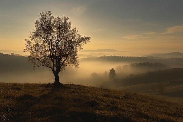 Depression and anxiety concept Tree without leaves silhouette on top of a foggy hill soft focus