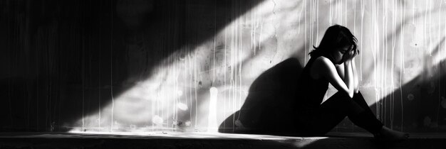 Photo depression awareness month mental health disorder black silhouette of a woman sitting on the floor on a grey background stressed woman horizontal banner copy space mental health concept