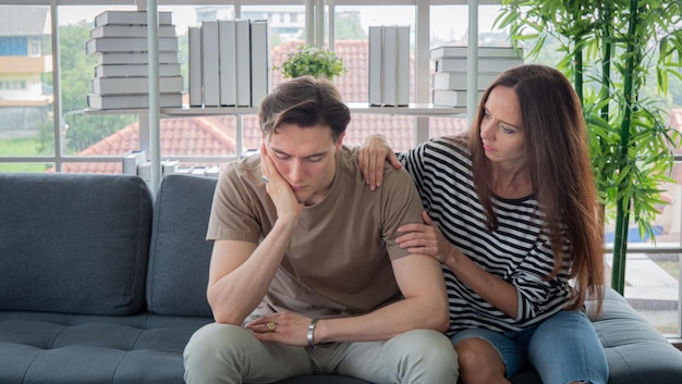 Photo depression concept and encourage young man an anxious worried and bored look on his face